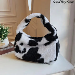 Autumn Winter Plush Handbags Flower Leopard Fluffy Fur Totes
