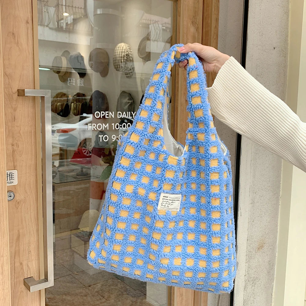 Soft Fleece Shoulder Bag Waffle Plaid Handbag