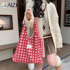 Soft Fleece Shoulder Bag Waffle Plaid Handbag