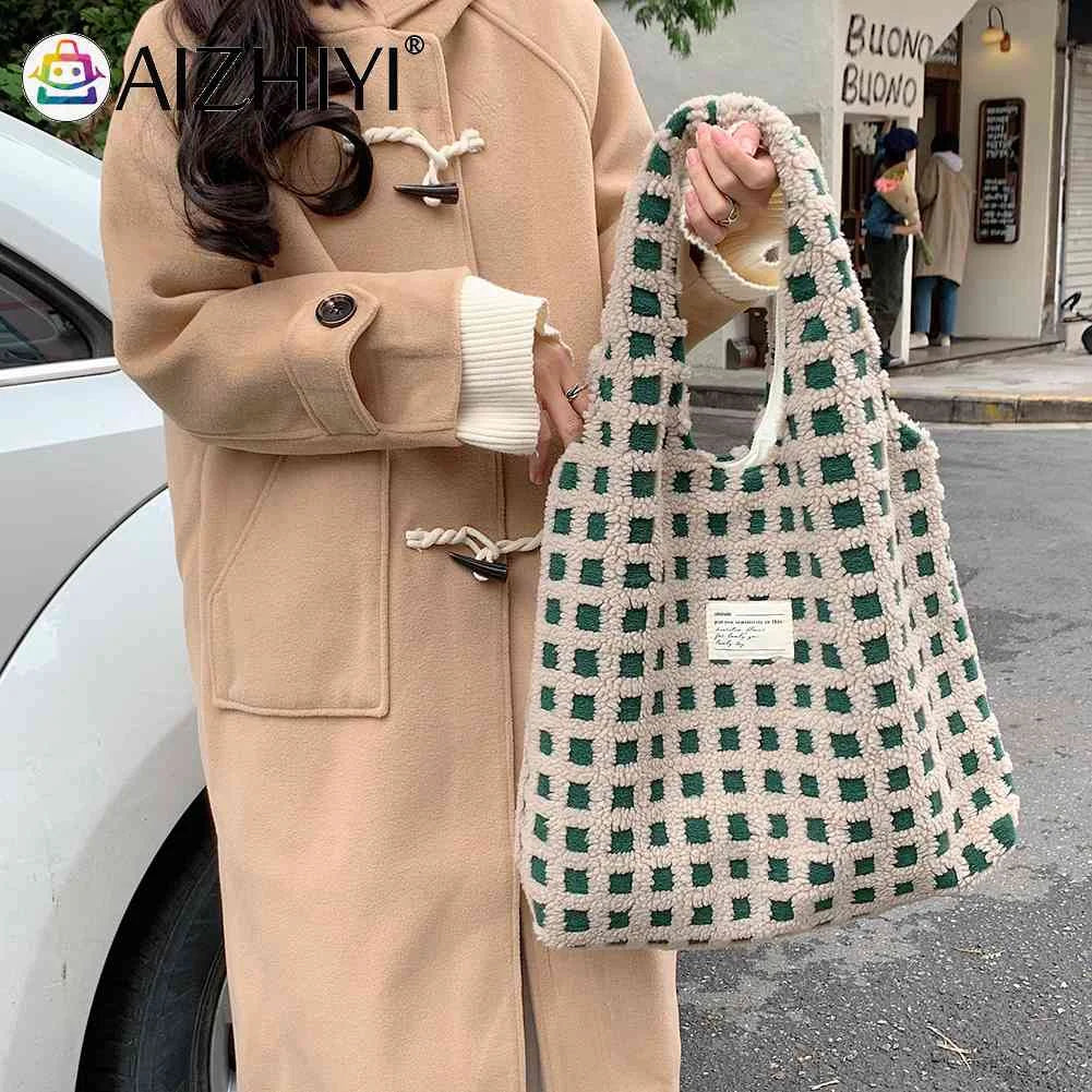 Soft Fleece Shoulder Bag Waffle Plaid Handbag