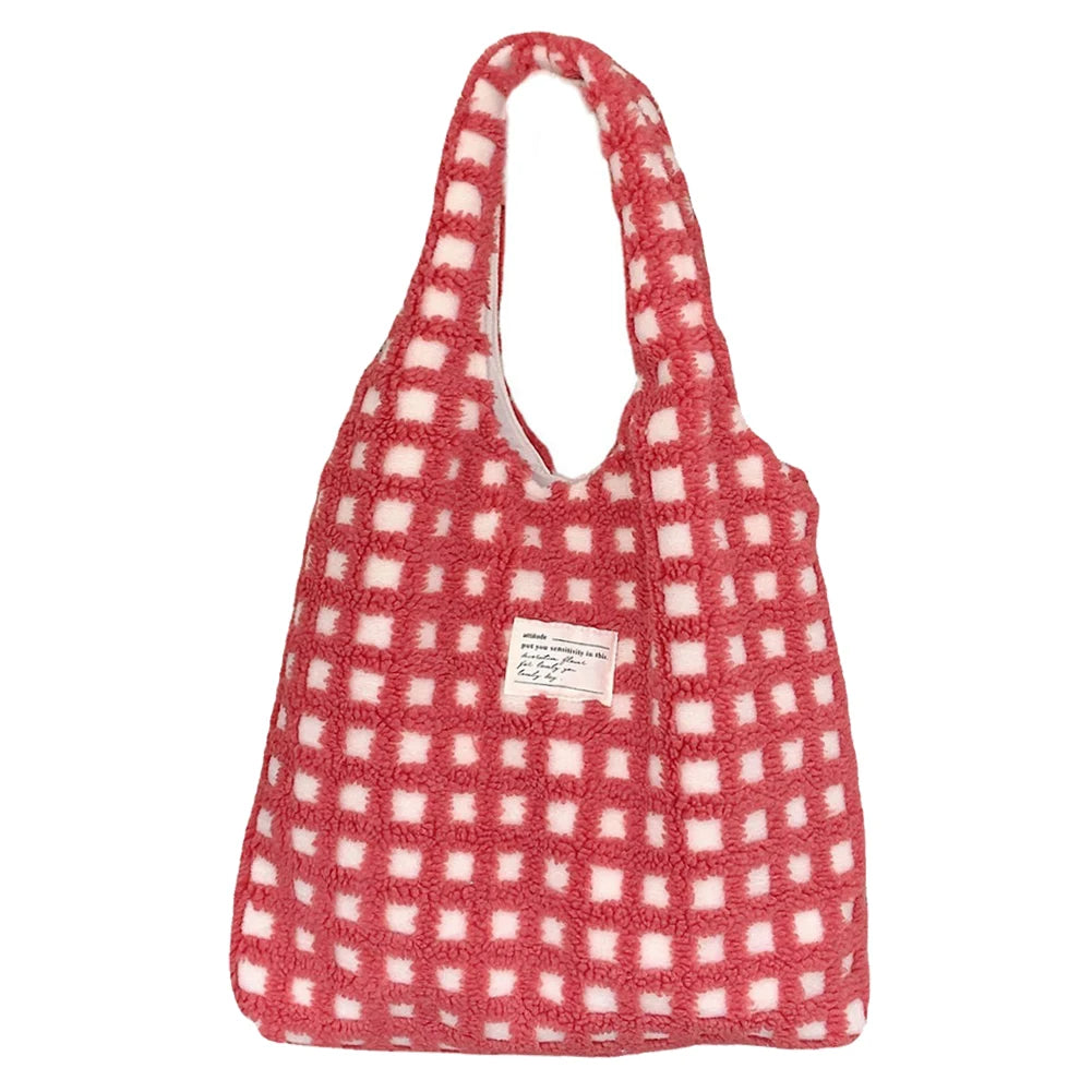 Plush Shoulder Bag Soft Fleece Tote Shopping Waffle Plaid Large