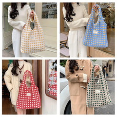 Plush Shoulder Bag Soft Fleece Tote Shopping Waffle Plaid Large