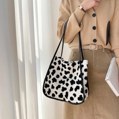 Plush Shoulder Bag Women Casual Print Shopping Tote Handbags