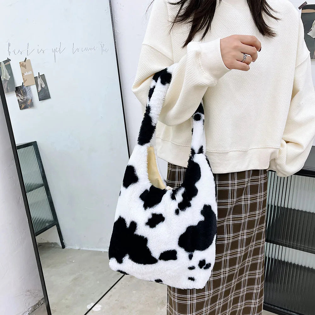 Plush Shoulder Bags Animal Printing Large Handbags