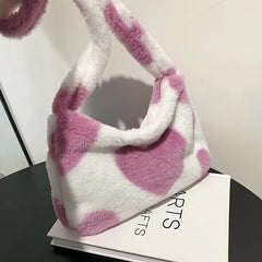 Faux Fur Plush Shoulder Bag Retro Heart Printed Underarm Clutch
