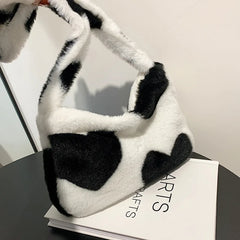 Faux Fur Plush Shoulder Bag Retro Heart Printed Underarm Clutch