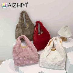 Soft Plush Women Top-Handle Bags Fluffy Furs Rhombus Pattern