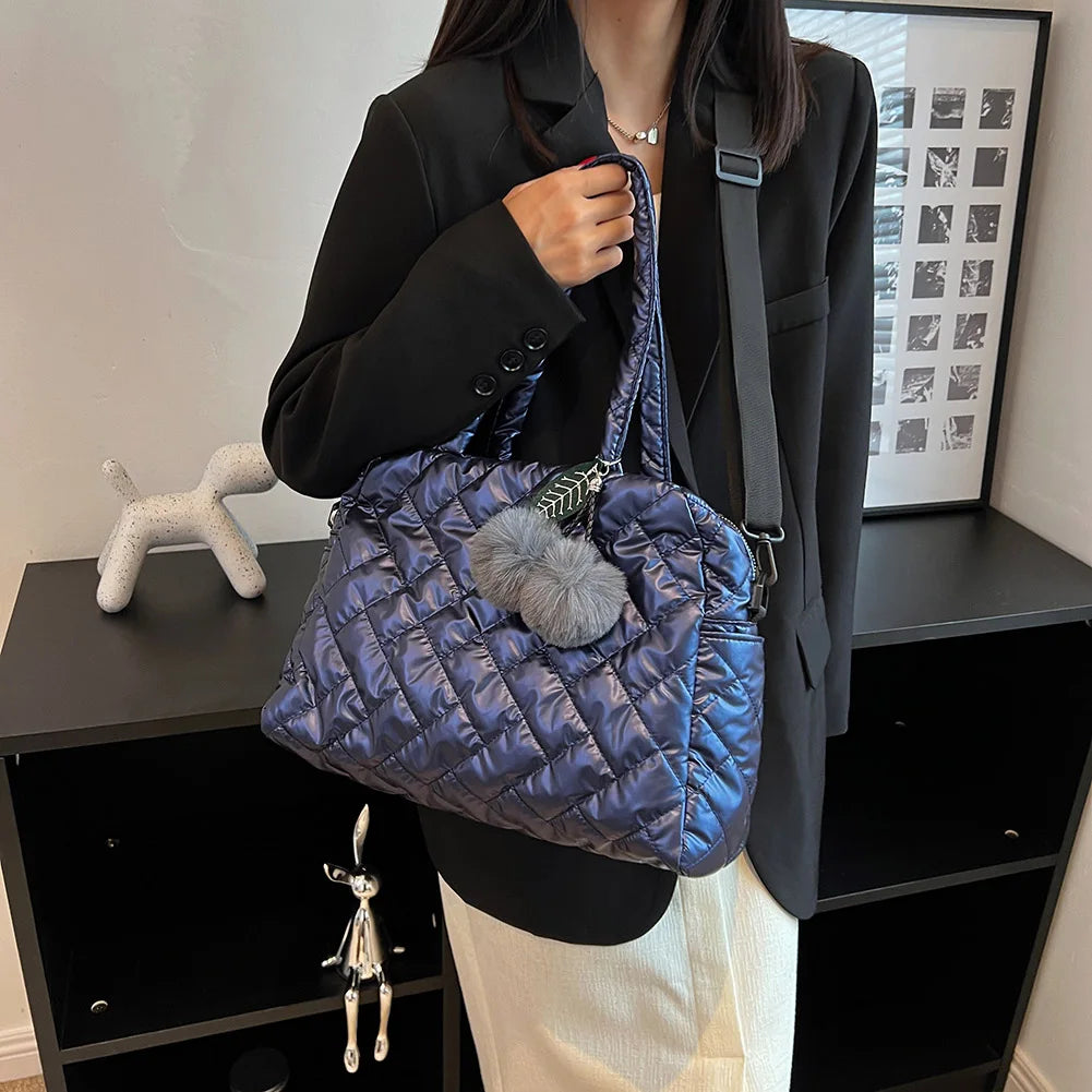 Quilted Shoulder Bag Casual Handbag Pompom Pendant Cotton Messenger Crossbody