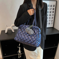 Quilted Shoulder Bag Casual Handbag Pompom Pendant Cotton Messenger Crossbody