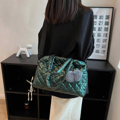 Quilted Shoulder Bag Casual Handbag Pompom Pendant Cotton Messenger Crossbody