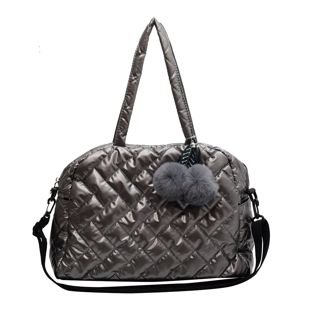 Quilted Shoulder Bag Large Capacity with Pompom Pendant Lady Handbag