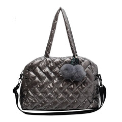 Quilted Shoulder Bag Large Capacity with Pompom Pendant Lady Handbag