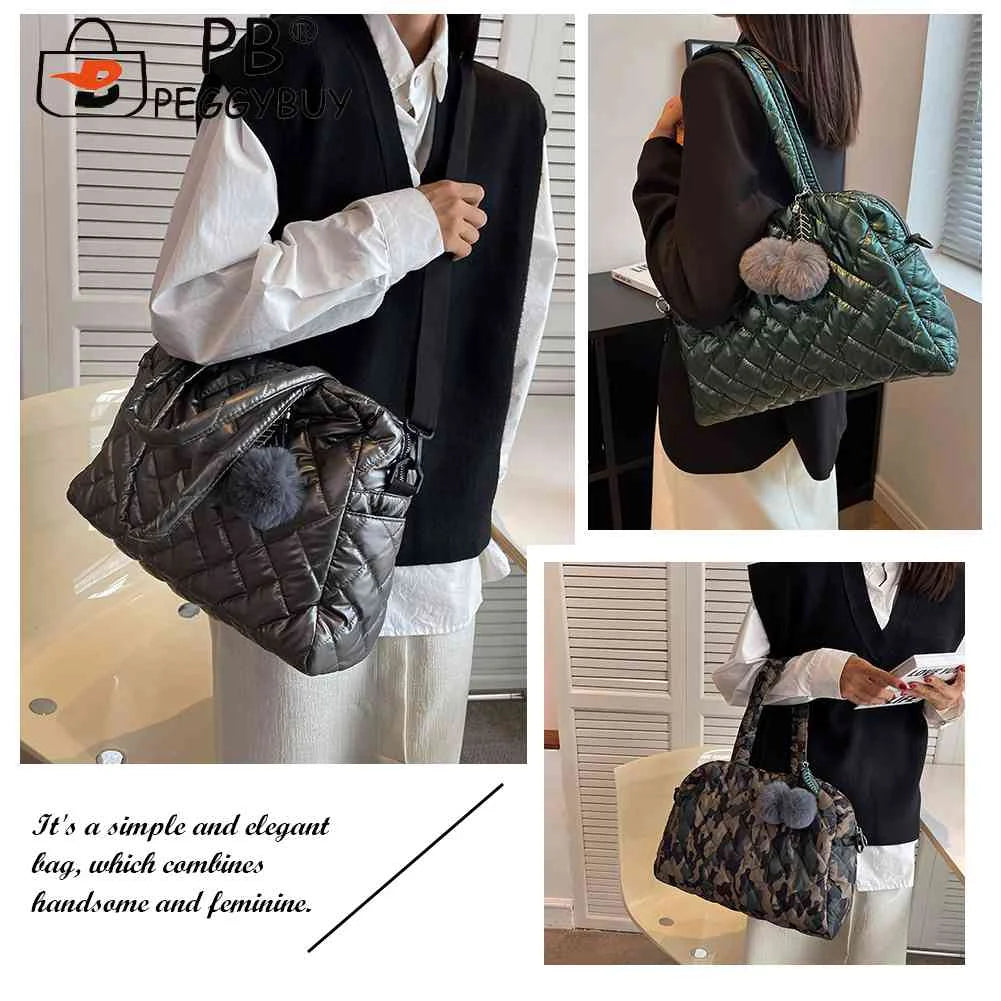 Quilted Shoulder Bag Large Capacity Cotton Handbag Pompom Pendant