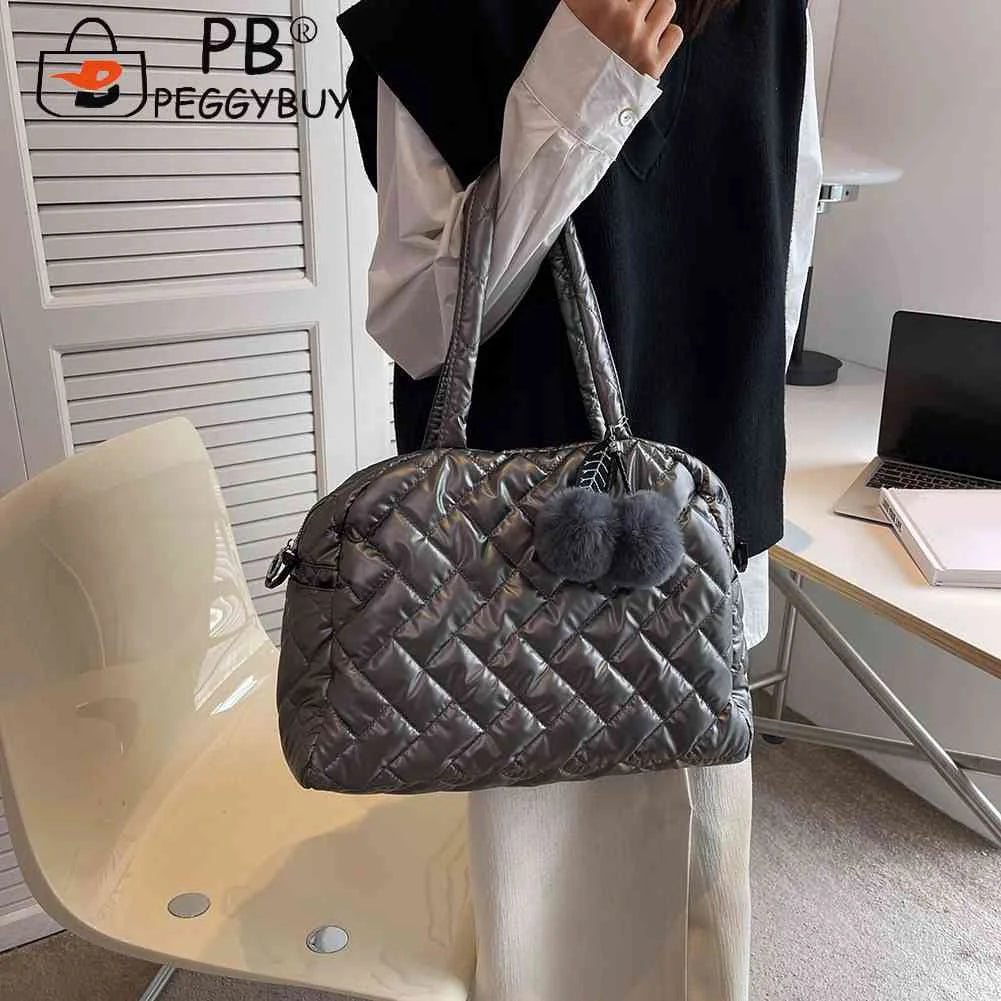 Quilted Shoulder Bag Large Capacity Cotton Handbag Pompom Pendant
