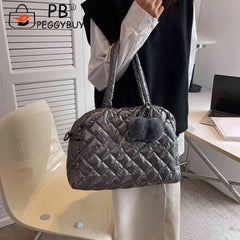 Quilted Shoulder Bag Large Capacity Cotton Handbag Pompom Pendant