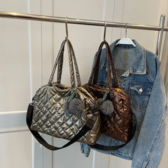 Quilted Shoulder Bag Large Capacity Cotton Handbag Pompom Pendant