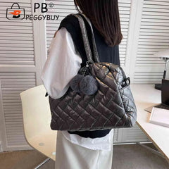 Quilted Shoulder Bag Large Capacity Cotton Handbag Pompom Pendant