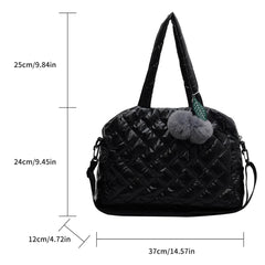 Quilted Shoulder Bag Large Capacity with Pompom Pendant Lady Handbag