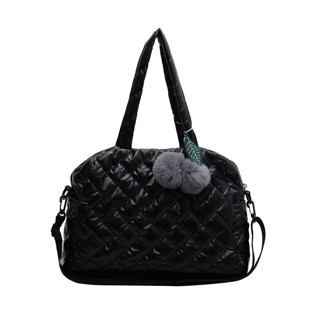 Quilted Shoulder Bag Large Capacity with Pompom Pendant Lady Handbag