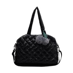Quilted Shoulder Bag Large Capacity with Pompom Pendant Lady Handbag