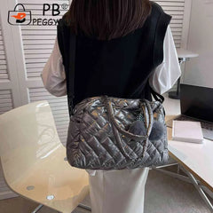 Quilted Shoulder Bag Large Capacity Cotton Handbag Pompom Pendant