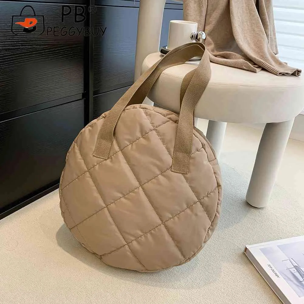 Round Cotton Padded Shoulder Bag Rhombus Pattern Zipper Travel Purse