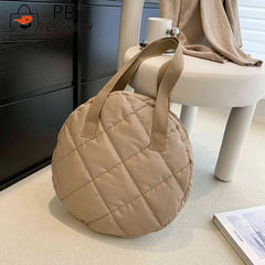 Round Cotton Padded Shoulder Bag Rhombus Pattern Zipper Travel Purse