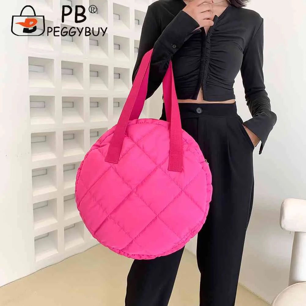 Round Cotton Padded Shoulder Bag Rhombus Pattern Zipper Travel Purse