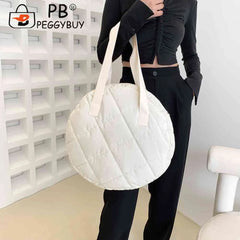 Round Cotton Padded Shoulder Bag Rhombus Pattern Zipper Travel Purse