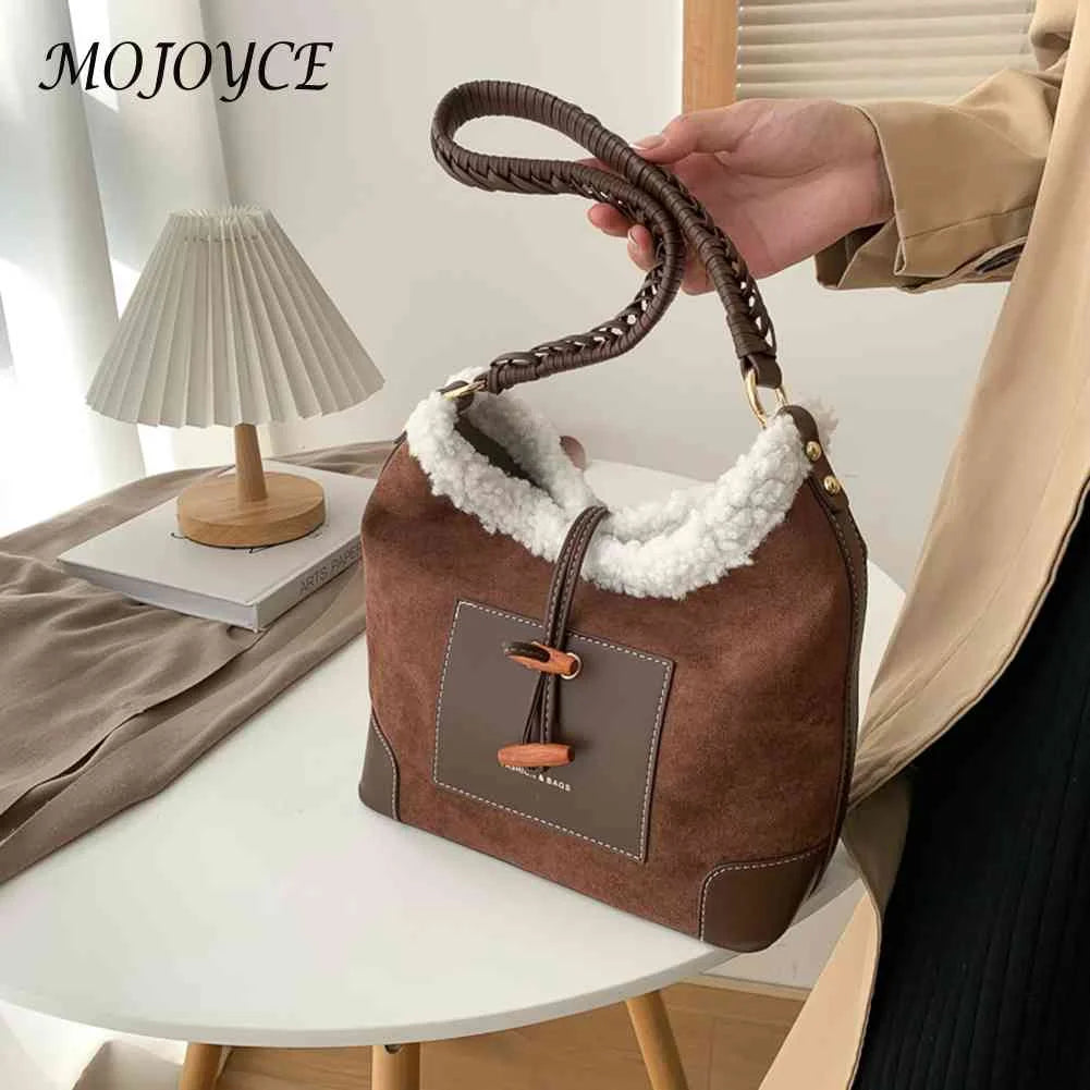 Vintage Lamb Wool Stitching Shoulder Bag for Women