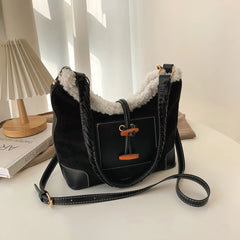 Vintage Lamb Wool Stitching Shoulder Bag for Women