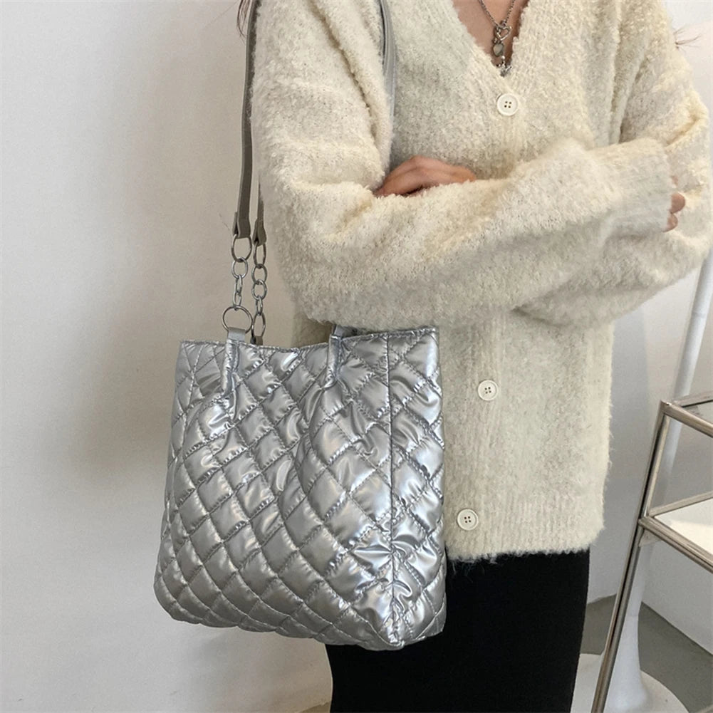 Quilted Cotton Shoulder Bag Large-capacity Chain Solid Satchel