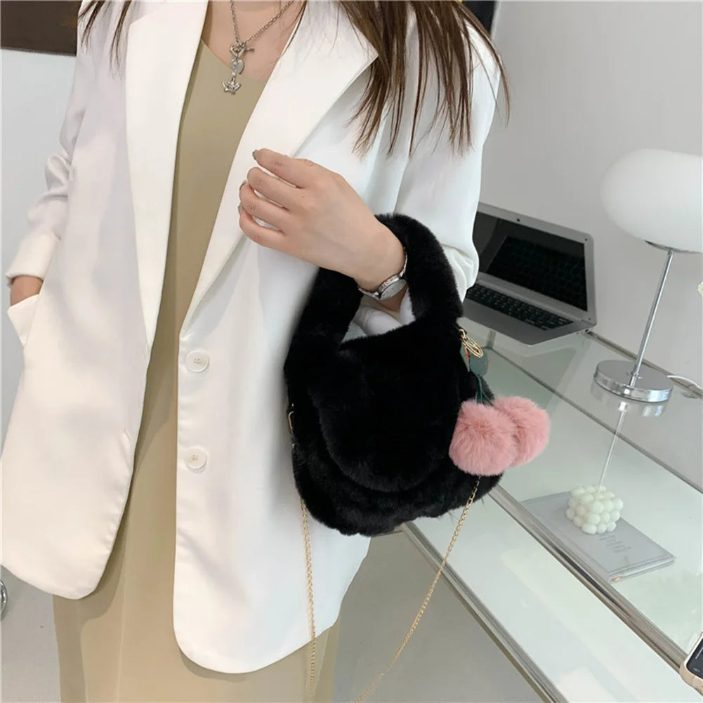 Autumn Winter Shoulder Bag with Pompom Pendant Crossbody Handbags