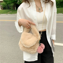 Plush Shoulder Bag with Pompom Pendant for Women
