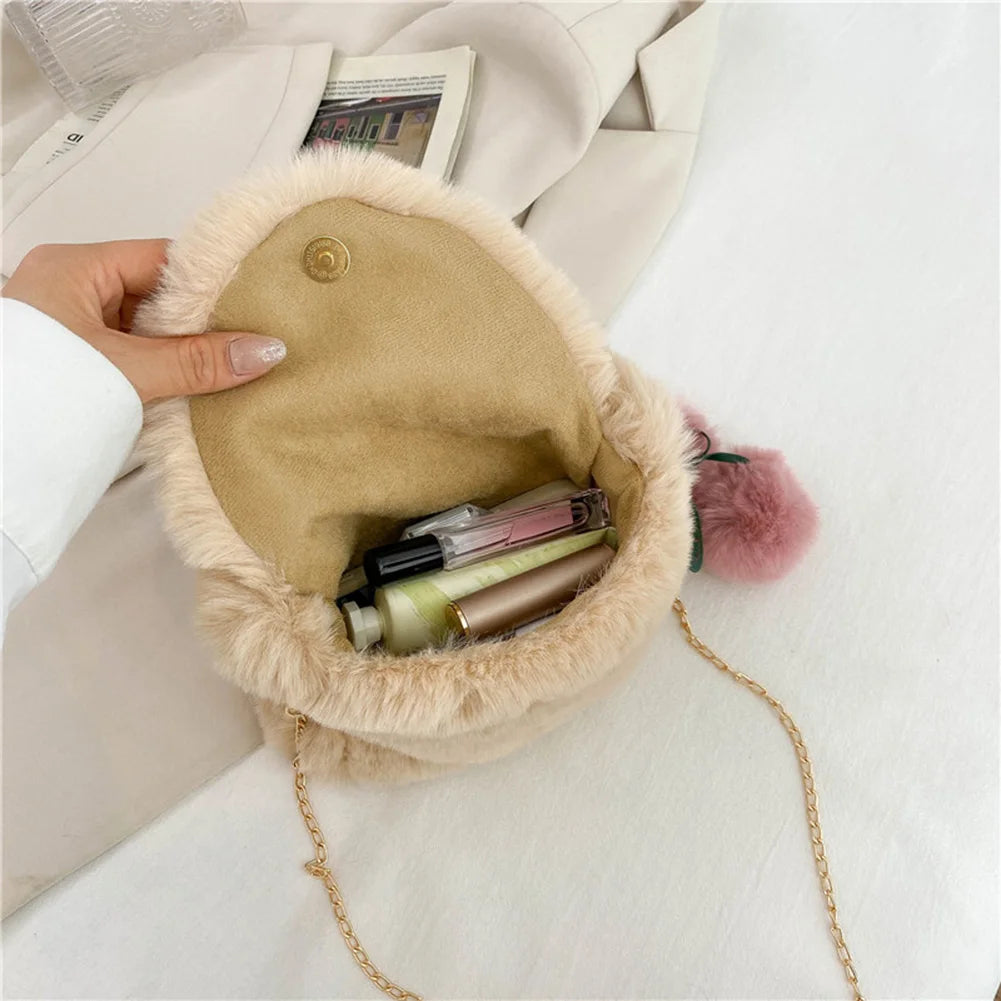 Plush Shoulder Bag with Pompom Pendant for Women