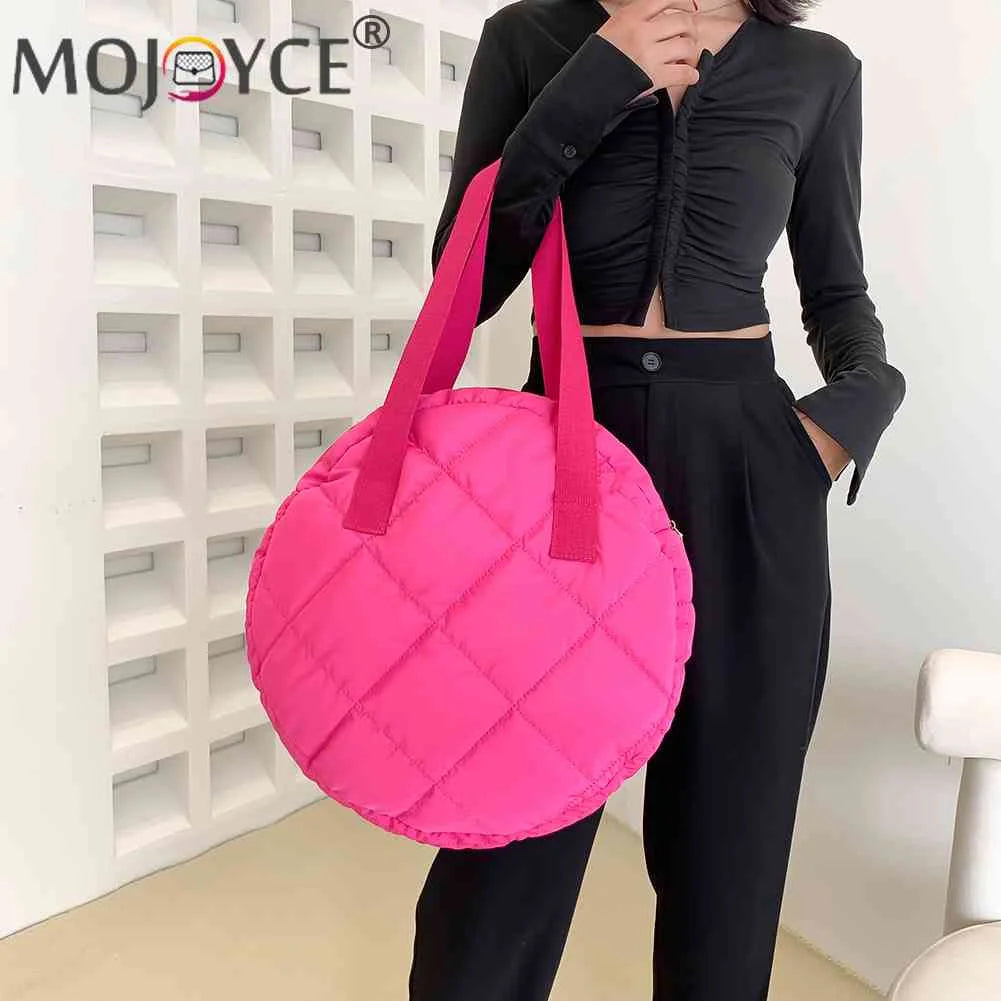 Cotton Padded Round Top-handle Bag Rhombus Pattern Clutch Handbag