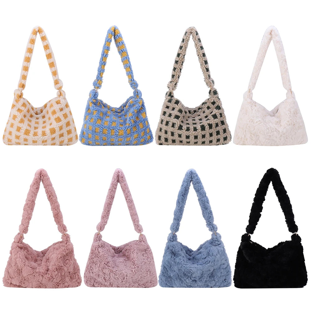Autumn Winter Shoulder Handbag Plush Zip Small Travel Work Bag for Ladies