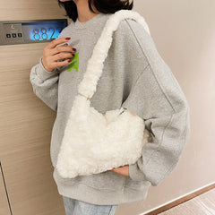 Warm Retro Shoulder Handbag Soft Plush Zipper for Women