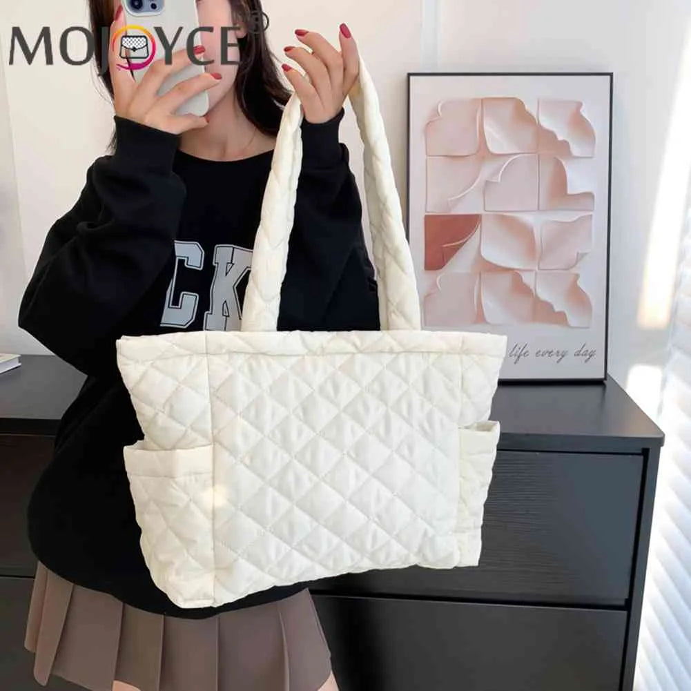 Cotton Padded Top-handle Bag Large Solid Zipper Travel Purse for Women