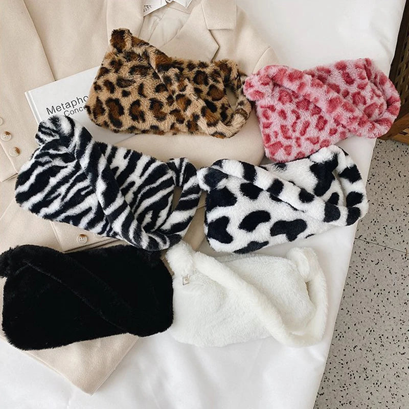 Soft Plush Fluffy Shoulder Bag Solid Color/Leopard Print Zipper Tote Handb