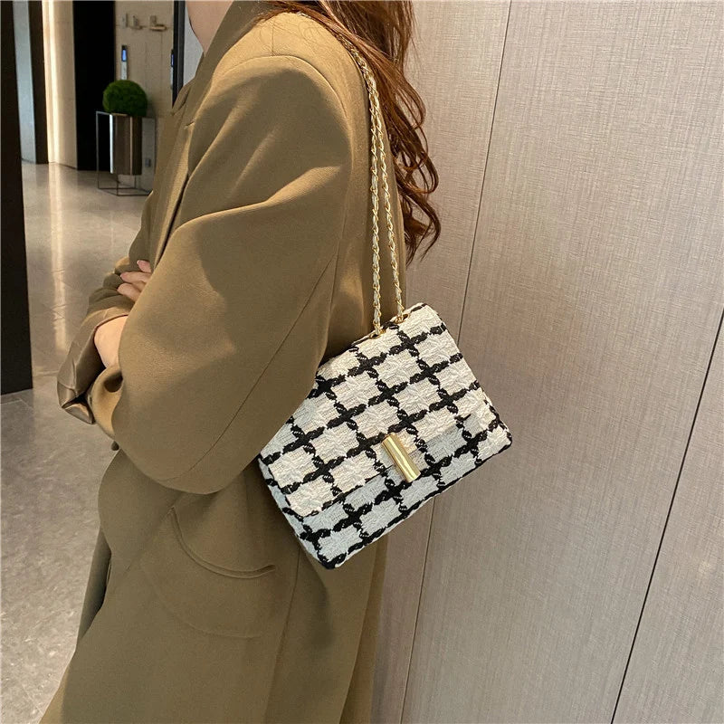 Vintage Flap Shoulder Bag for Women Small Plaid Handbag