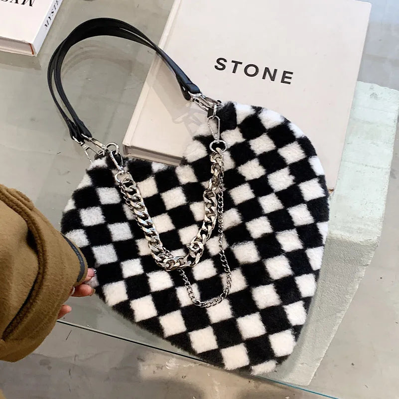 Women Chains Plaid Plush Shoulder Bag Love Heart Shape Tote