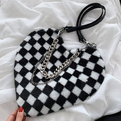 Women Chains Plaid Plush Shoulder Bag Love Heart Shape Tote
