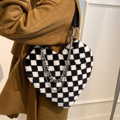 Women Chains Plaid Plush Shoulder Bag Love Heart Shape Tote