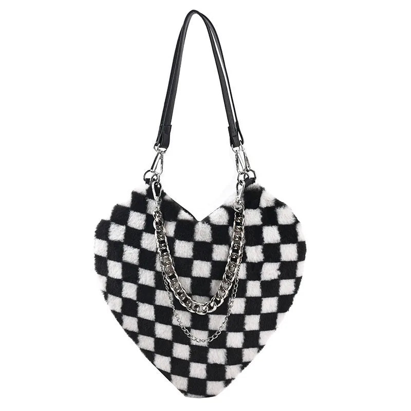 Women Chains Plaid Plush Shoulder Bag Love Heart Shape Tote