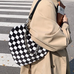 Women Chains Plaid Plush Shoulder Bag Love Heart Shape Tote