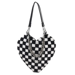 Women Chains Plaid Plush Shoulder Bag Love Heart Shape Tote