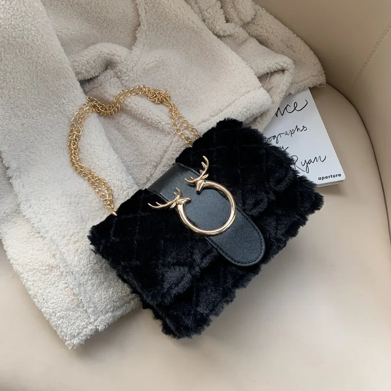 Plush Deer Crossbody Bag Chain Flap Small Square Bags for Women