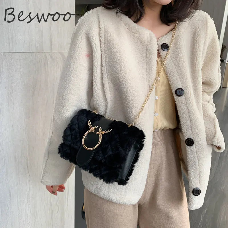 Plush Deer Crossbody Bag Chain Flap Small Square Bags for Women