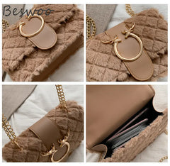 Plush Deer Crossbody Bag Chain Flap Small Square Bags for Women